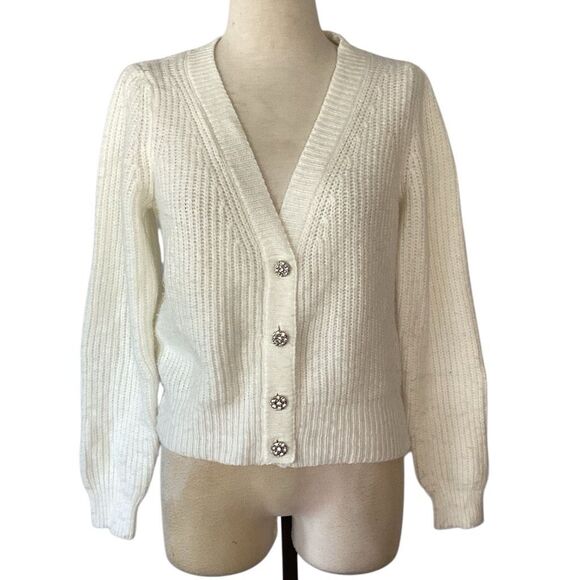 White House Black Market Rhinestone Buttons Cream Cardigan Sweater M - Picture 1 of 8